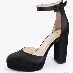 Satin Platform Round Close-Toe Pump Black Heels by Ankis
